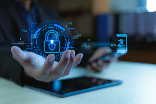 Mobile cybersecurity concept with lock icon, password login and smartphone showing secure access, identity protection and fraud prevention.
