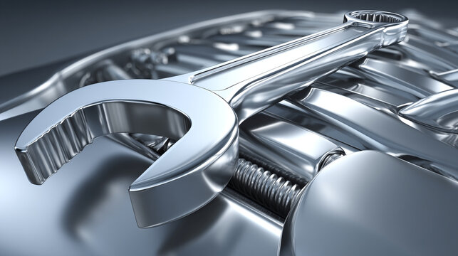 Chrome spanner wrench on metallic surface with adjustable wrench pipe wrench box end wrench