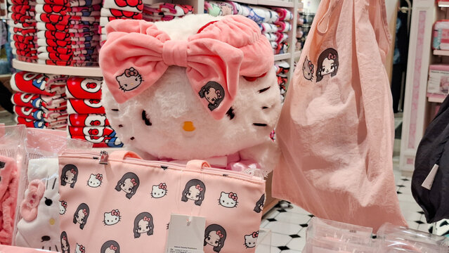 Official Sanrio Hello Kitty merchandise from the special collaboration with Jisoo of Blackpink featuring branded textile accessories and character goods on April 18, 2026 in Bangkok, Thailand