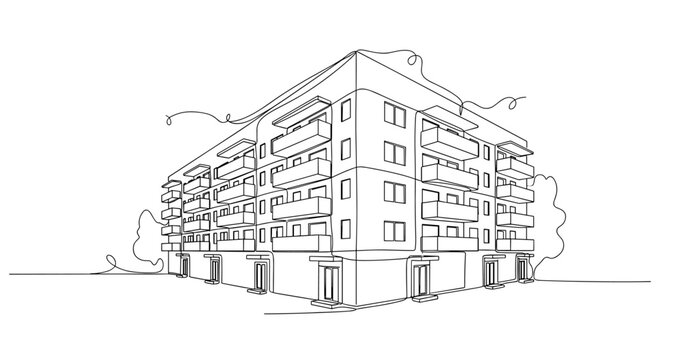 Corner apartment building viewed from street level perspective. No editable stroke