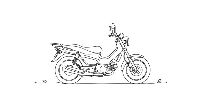 Motorcycle parked stationary on flat ground in line drawing. No editable stroke