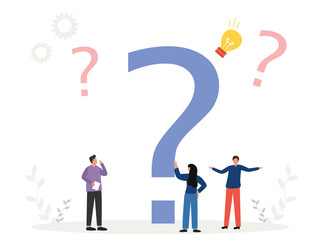 Tiny cartoon business people standing around huge question mark. Ask question concept. The characters are looking for a solution to their problem on the Internet. A big question mark. vector illustrat © sarasw art