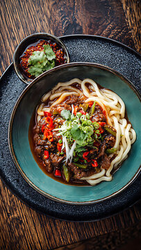 Authentic Central Asian Laghman - Hand-Pulled Silk Road Noodles with Rich Beef and Vegetable Stir-fry Flat Lay