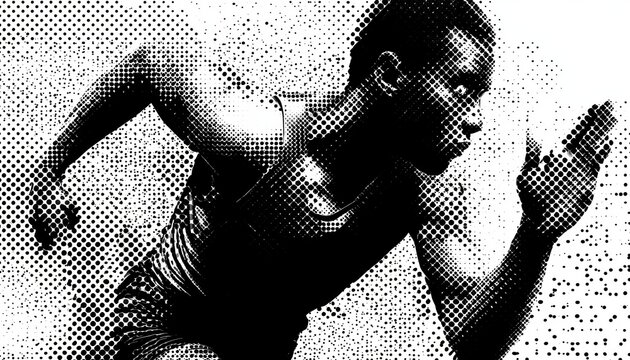 Dynamic Motion Pose Of Male Or Female Athlete Running In Halftone Style With High-Contrast Black And White Dots, Vintage Comic Book Aesthetic.