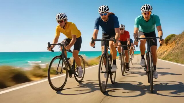 Accelerating left rider urging five cyclists to hold paceline on coastal road, training in jerseys
