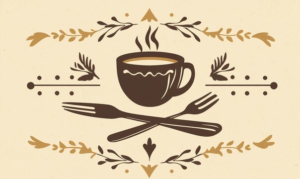 Coffee cup with crossed forks, floral design.