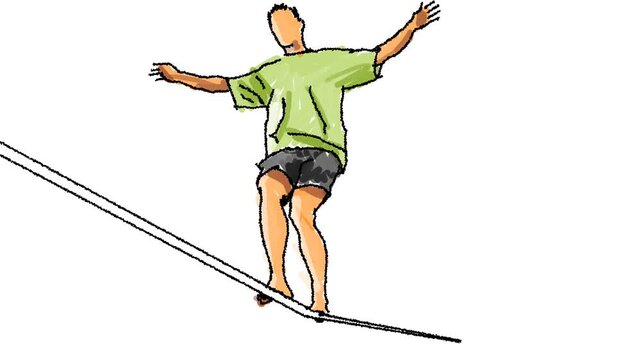 Animation of a person balancing on a tightrope.