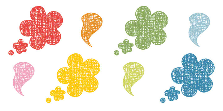 Hand drawn crayon flower and cloud speech bubbles with vivid scribble texture.
