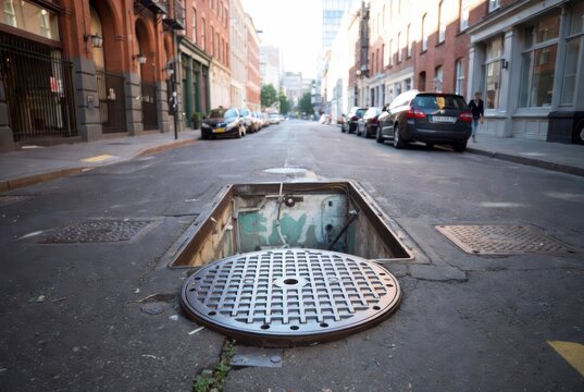 Open manhole on a city street with parked cars and brick buildings in the background.