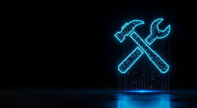 3D-rendered glowing blue crossed tools symbolizing technology, repair, and digital innovation on a dark binary code surface.