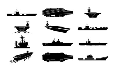 Military aircraft carrier silhouettes set, 12 navy warship icons in black vector, naval fleet vessel collection for defense and maritime graphics © Sabrina