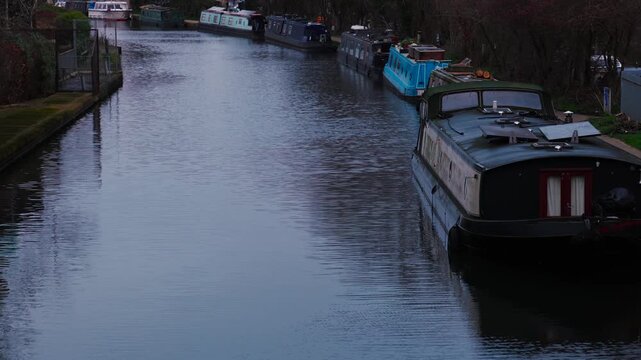 Boats, Houseboats On River Colne (Tributary Of River Thames) From Colham Bridge Through Grand Union Canal, Yiewsley, West Drayton, Hayes, Hillingdon, West London, United Kingdom