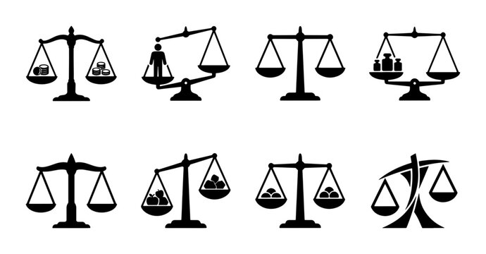 Justice scales icon set, black silhouette law balance symbols, 8 vector elements for legal and court concepts, flat judicial weight scale graphics