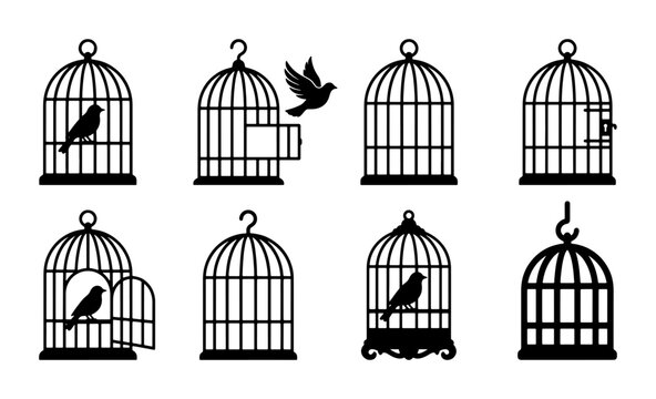 Vintage birdcage silhouette icons set, black bird cage vector illustrations with flying and perched birds, 8 decorative wire cages for graphic design