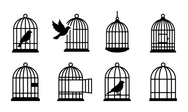 Vintage birdcage silhouette set, black metal bird cage icons with flying birds, 8 vector elements for freedom and captivity concepts