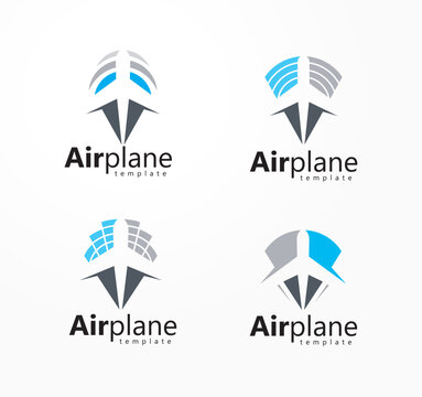 Set logos Airplane radar navigation point map silhouette flight plane white background