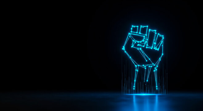 A futuristic 3D-rendered glowing blue fist made of binary code and digital nodes, representing tech strength and innovation.