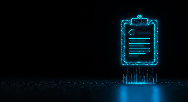 Illuminated digital checklist or form icon with neon blue glow, symbolizing technology, data entry, or digital organization in a dark setting.