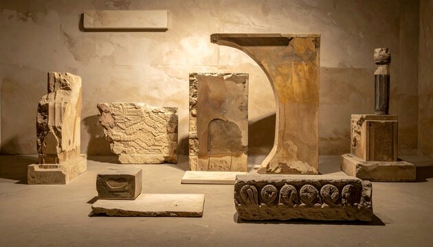 暖かな光に照らされた古代石彫遺物とレリーフの博物館展示