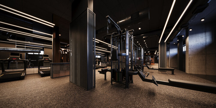 Modern Gym Industrial Interior Design. Gym equipment. 3D Rendering, 3D Illustration