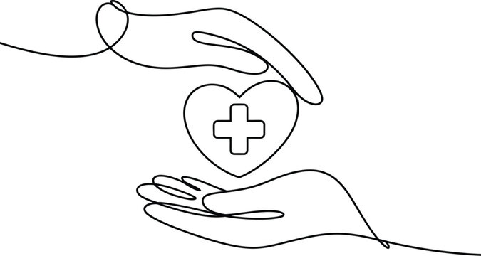 Continuous line drawing of hands sharing heart with medical cross representing charity, healthcare, compassion, aid in simple outline vector design