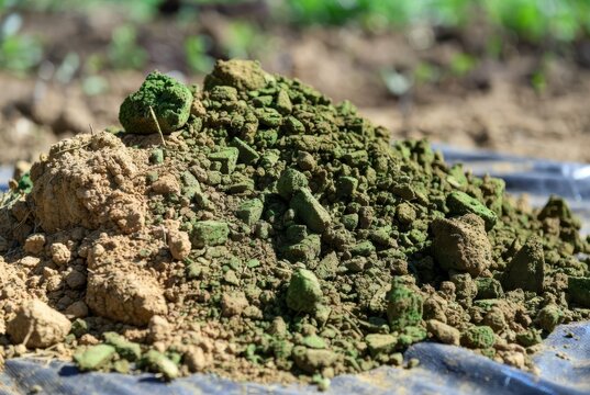 Close-up of a pile of green and brown soil clods on a dark surface outdoors