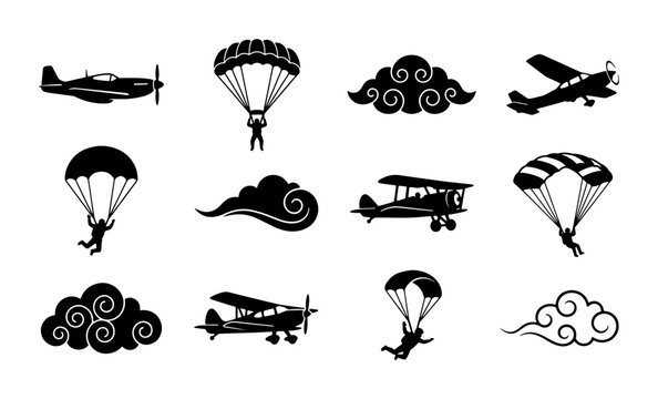 12 black and white vector silhouettes of parachuting people airplanes clouds and cloud patterns on a transparent