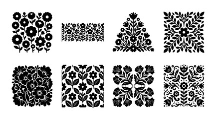Folk Art Floral Patterns, Black and White Decorative Elements, Scandinavian Inspired Vector Motifs, Set of 8 Stylized Botanical Designs © Monira