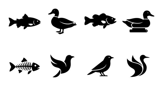 8 simple black silhouettes of various birds and aquatic creatures on white background