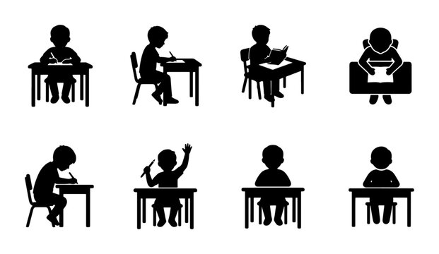 School children in various learning activities - study read write raise hand for question