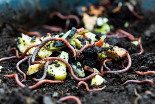 Red wigglers composting organic waste in rich dark soil, close-up macro shot