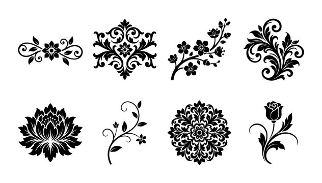 Elegant Black Floral Ornaments, Decorative Flourishes, Vintage Swirls, and Botanical Elements for Classic Design Projects
