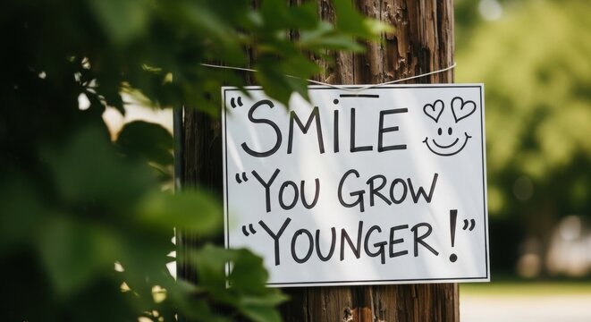 White sign with handwritten message smile you grow younger hanging on wooden post near green plants.