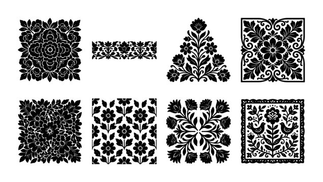 Ornate Floral Vector Ornaments, Decorative Black and White Patterns, Intricate Flourishes, Elegant Damask Motifs, Set of 8 SVG Elements for Design