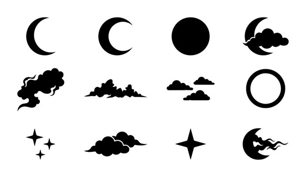 Celestial moon and cloud icons set, black silhouette night sky elements vector, crescent moon with stars and clouds for mystical design