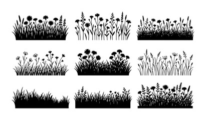 Black Silhouette Wildflower Meadow Elements, Vector Grass Border Designs, Nature Botanical Sprigs, Floral Edge Accents, Organic Field Collection © Sumaiya