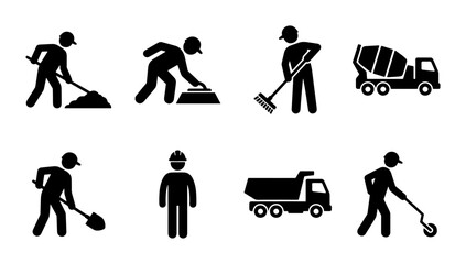 Construction worker silhouette icons set, industrial builder and road maintenance pictograms, 8 black vector elements for civil engineering © Zahir