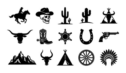 Western Cowboy Icons Set: Rodeo, Skull, Cactus, Longhorn, Boots, Sheriff Star, Horseshoe, Revolver, Mountains, Teepee, Wagon Wheel, Headdress © Zahir