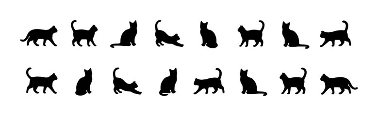 Black cat silhouettes set of 16 vector icons, domestic feline pet shapes in various poses, minimalist animal profile collection for logo design © Lamia
