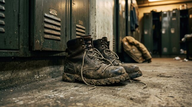 Worn Work Boots Resting on Concrete Floor in Locker Room.
