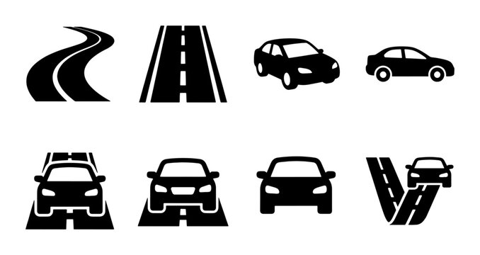 Black car icons and road symbols set, 8 vector transportation elements, flat automotive silhouettes for traffic and navigation maps