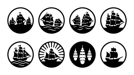 Vintage sailing ship icons, nautical tall ship silhouettes in circular frames, set of 8 maritime vessel vector illustrations for logos and branding © Lamia