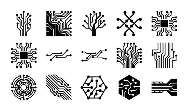 Circuit board pattern icons set, 15 black technology motherboard elements, digital electronic hardware silhouettes, abstract microchip vector graphics