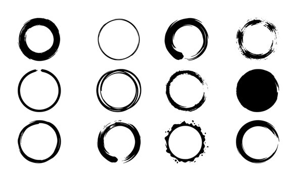 Set of 12 Minimalist Black and White Brush Stroke Circle Silhouettes Featuring Enso Zen Rings and Gritty Ink Textures Vector Clipart Bundle for Modern Graphic Design and Logo Branding