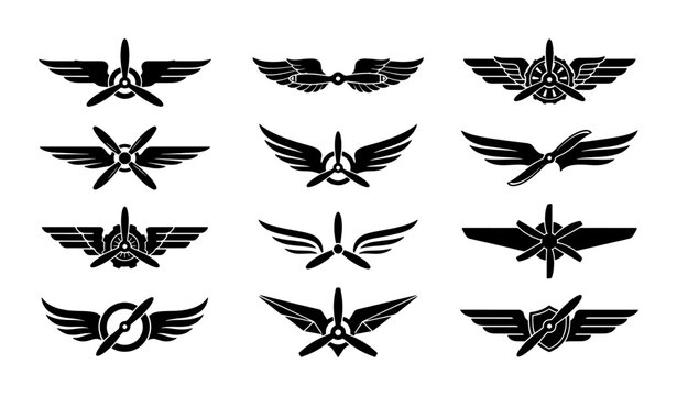 Vintage aviation emblems set, 12 black airplane propeller icons with wings, retro pilot insignia and military flight badges, vector aircraft logo elements