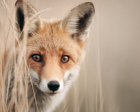 Red Fox Peeking Through Tall Grass with Intense Gaze.