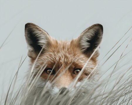 Red Fox Peeking Through Tall Grass with Intense Gaze.
