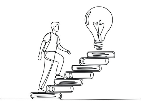 Continuous line drawing man ascending stairs of books with glowing idea lamp expressing education, inspiration, knowledge growth in one line style