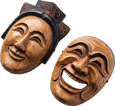 Korean traditional Hahoe mask pair isolated transparent background wooden cultural artifact