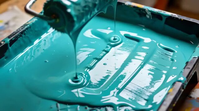 Placing hand holding blue-handled roller into ridged tray, rolling to load teal paint for painting